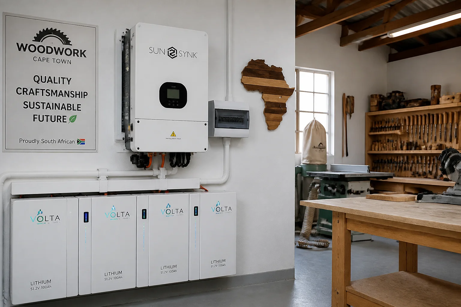 Industrial workshop technician verifying hybrid inverter battery bank readings in Cape Town