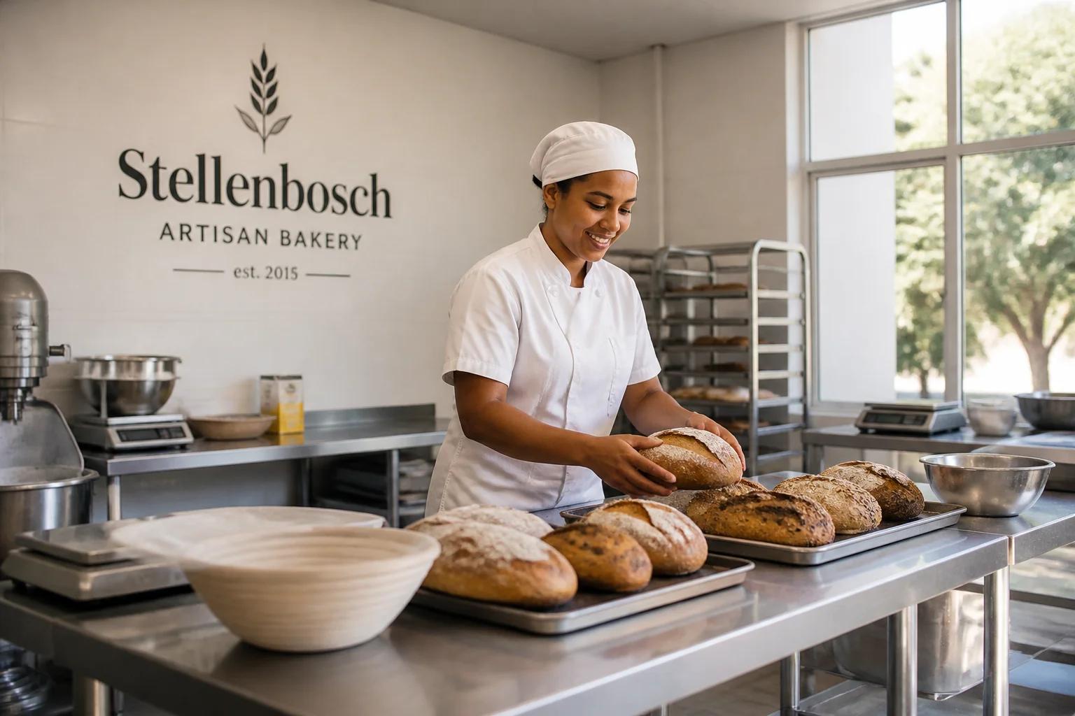 Production line food safety auditor inspecting packaged goods in an artisan processing kitchen