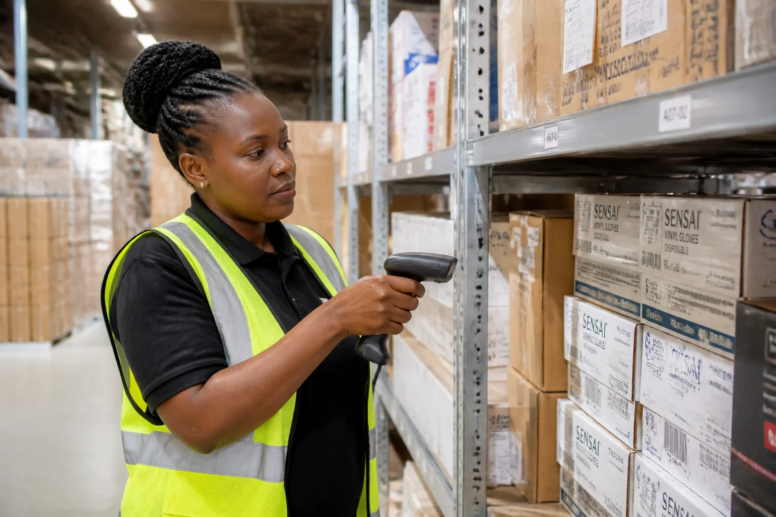 Warehouse supervisor scanning pallet barcodes in a Gauteng retail distribution hub