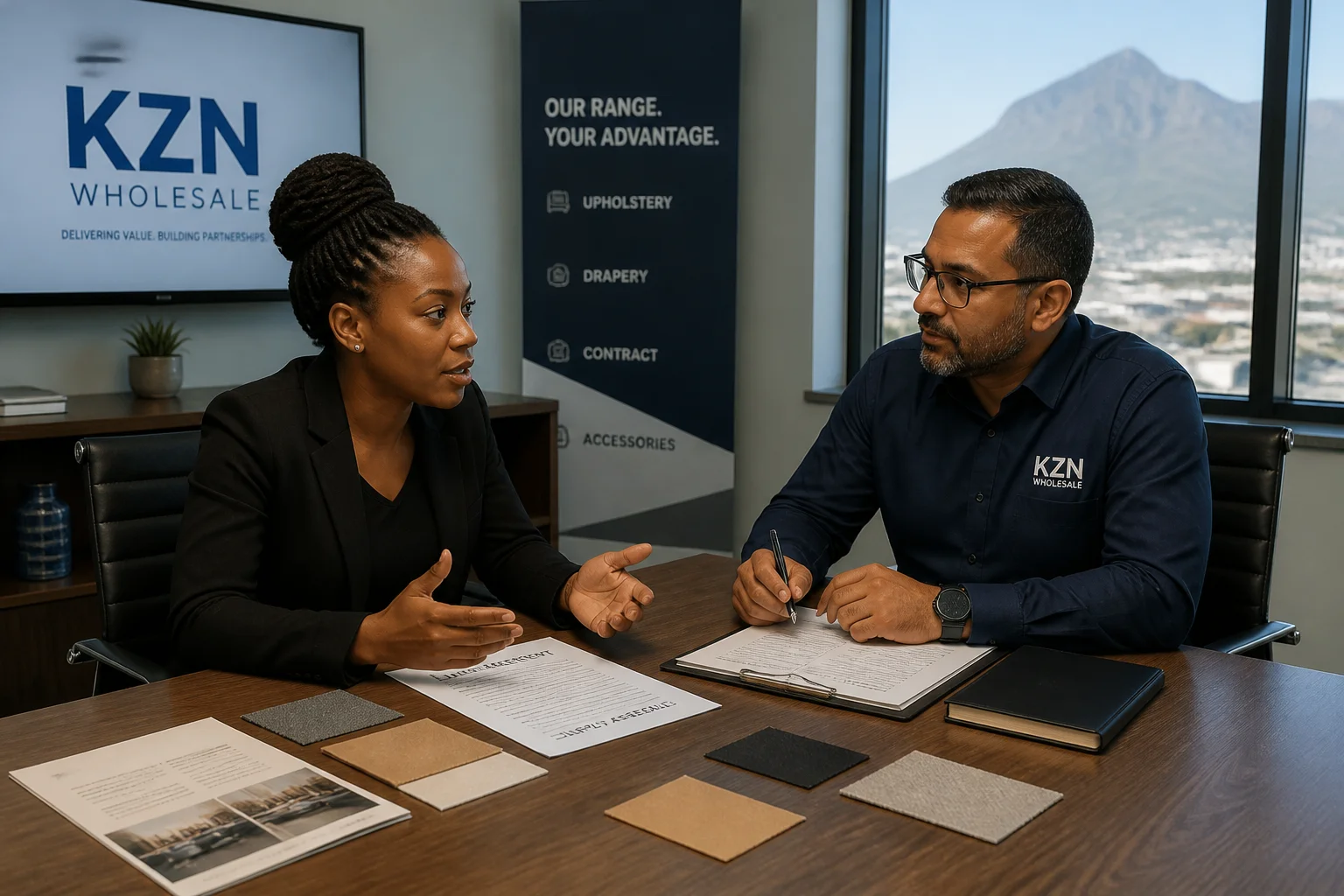 Retail store manager negotiating pricing terms with a local supplier in Durban